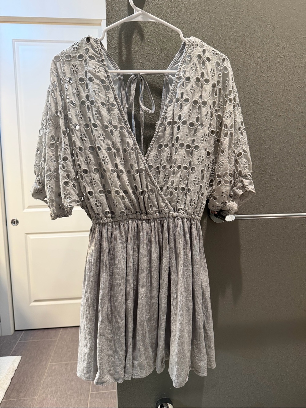 Light Gray Eyelet Surplice Mini Dress
